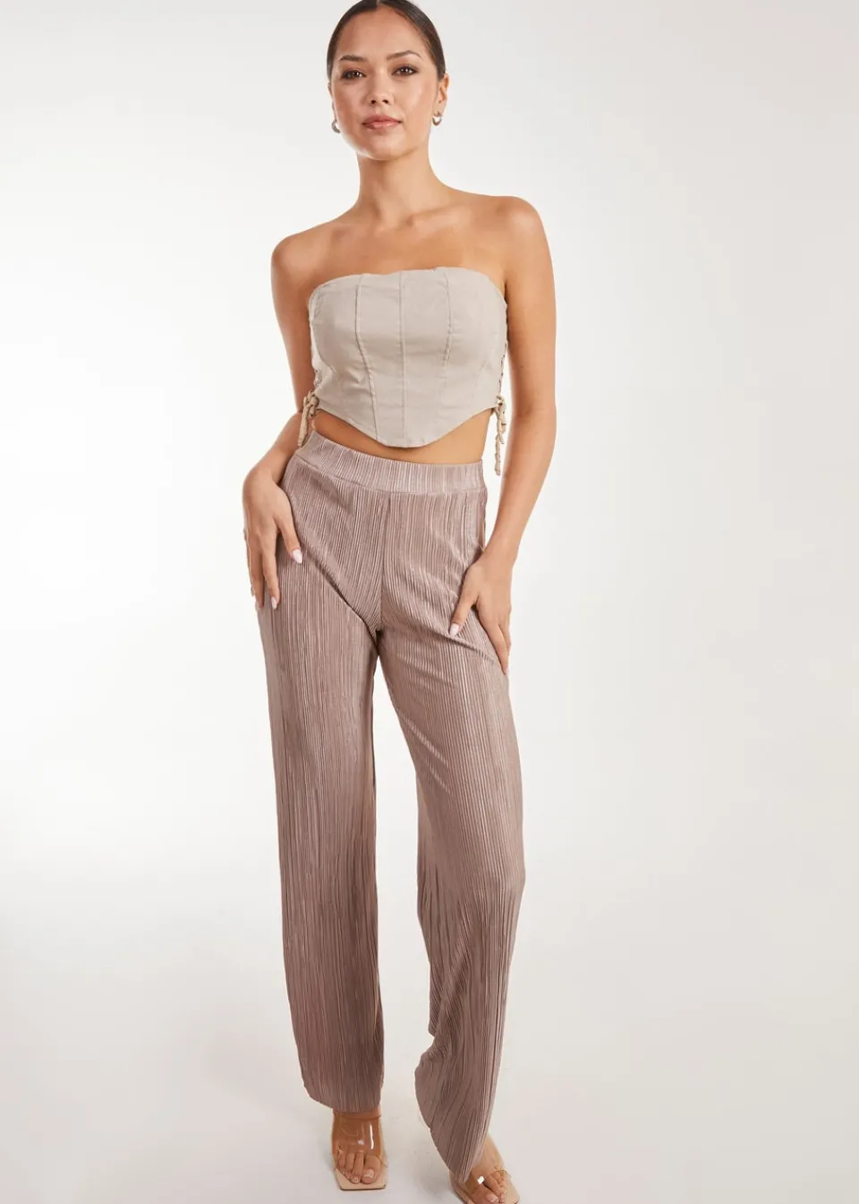 Trousers>Pink Vanilla Plisse Flared Trousers Brown