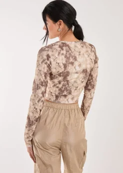 Tops>Pink Vanilla Racer Washed Printed Long Sleeve Top Brown