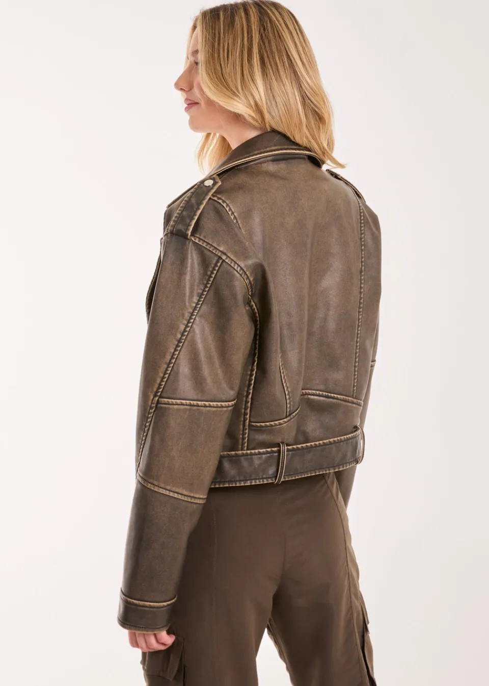 Coats & Jackets>Pink Vanilla Brown Stone Wash PU Biker Jacket