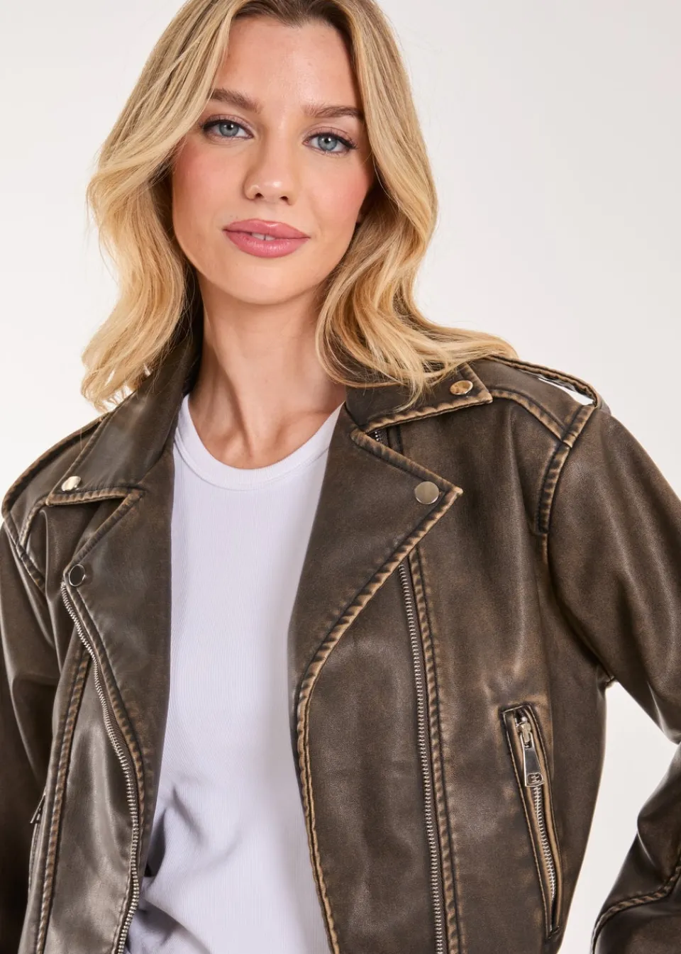 Coats & Jackets>Pink Vanilla Brown Stone Wash PU Biker Jacket