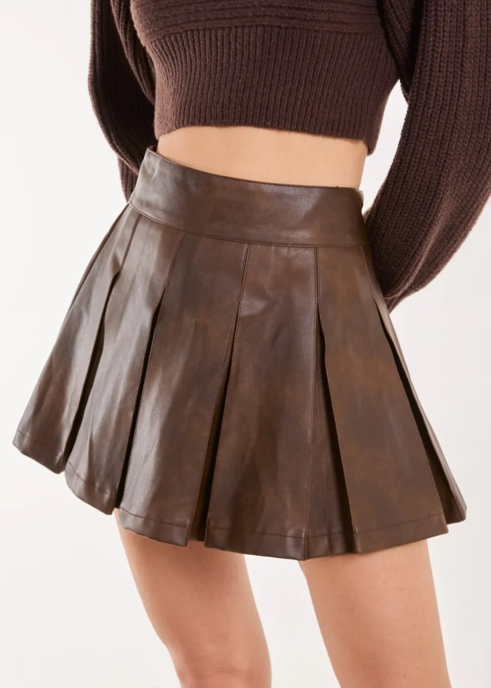 Skirts>Pink Vanilla Brown Washed Pleated Mini Skirt