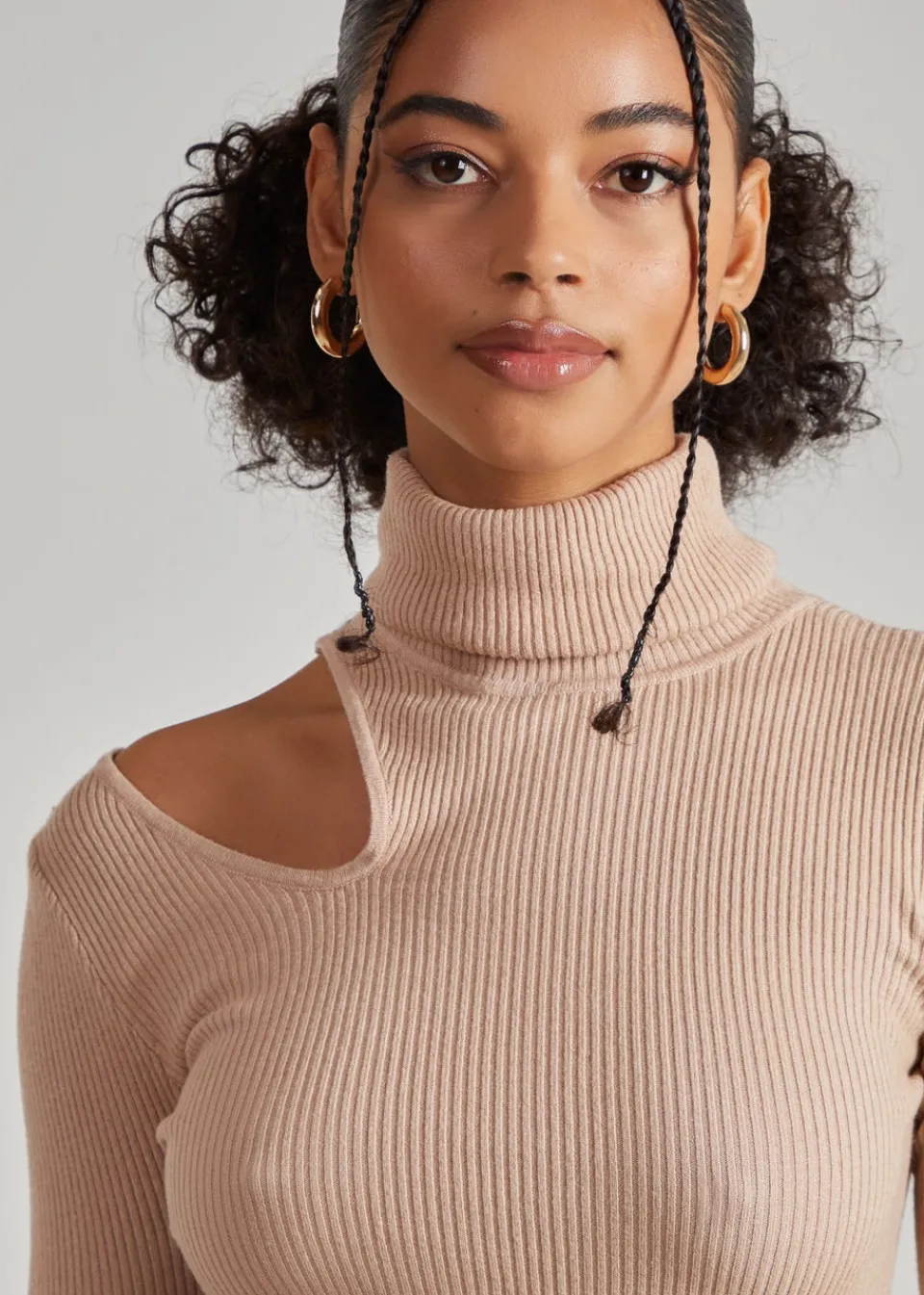 Tops>Pink Vanilla Knit Cut Out Turtle Neck Top Camel