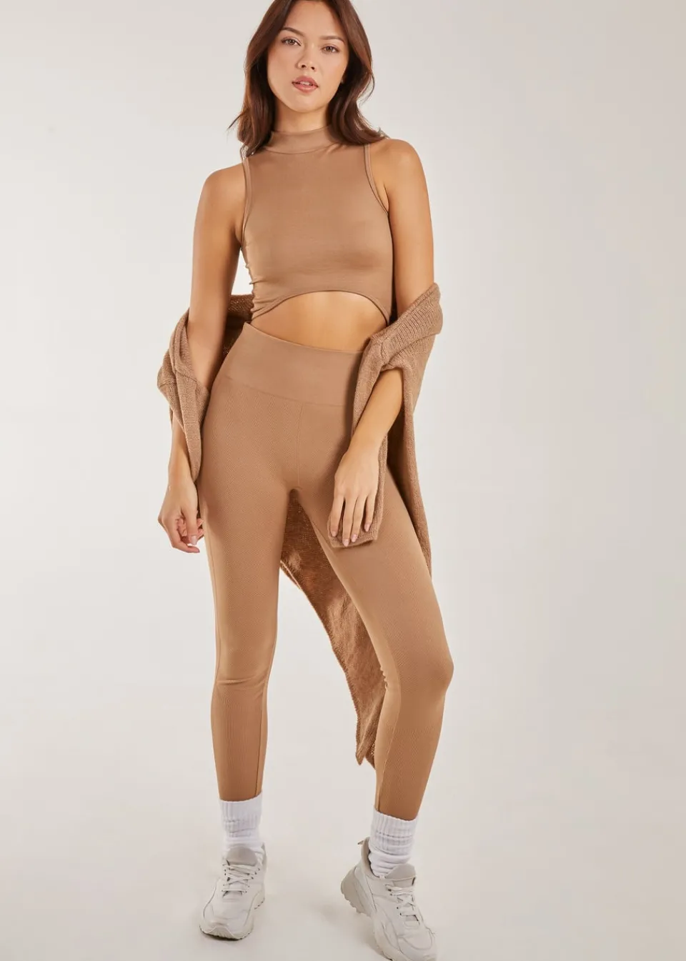 Tops>Pink Vanilla Rib High Neck Sleeveless Crop Top Camel