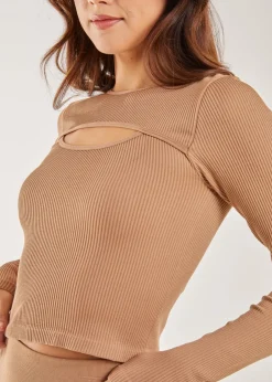 Tops>Pink Vanilla Rib Long Sleeve Cut Out Top Camel