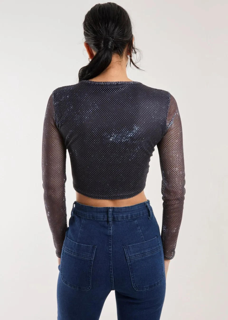 Tops>Pink Vanilla Mesh Athleisure Long Sleeve Net Top Charcoal