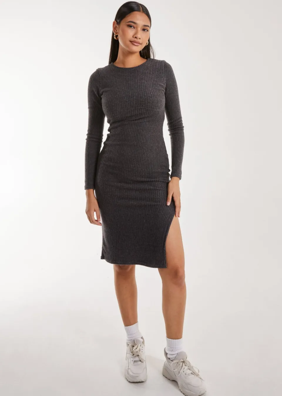 Knitwear>Pink Vanilla Charcoal Soft Brushed Rib Long Sleeve Midi Dress