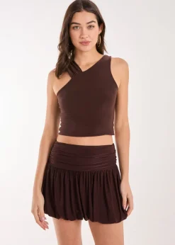 Tops>Pink Vanilla Chocolate Asymmetric Strap Crop Top
