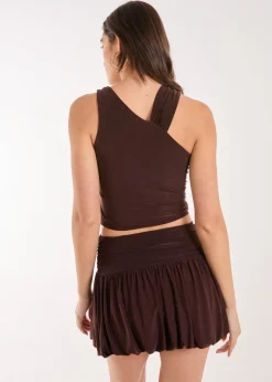 Tops>Pink Vanilla Chocolate Asymmetric Strap Crop Top