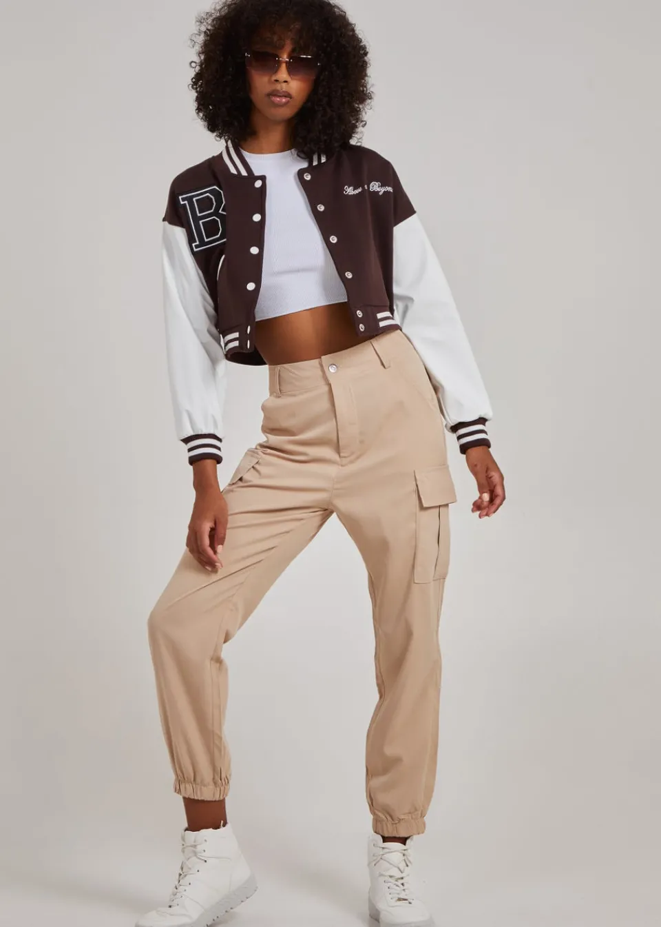 Coats & Jackets>Pink Vanilla Contrast Sleeve Baseball Jacket Chocolate
