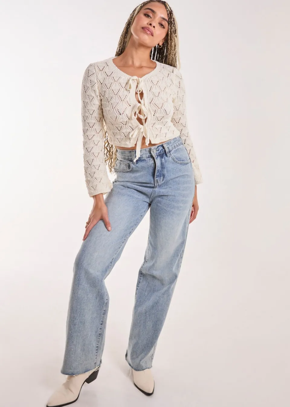Tops>Pink Vanilla Cream Tie Front Crochet Top