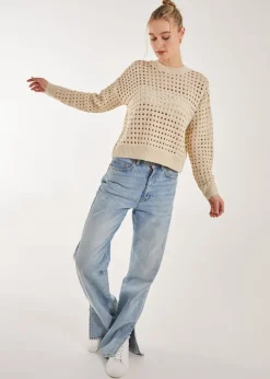 Tops>Pink Vanilla Crochet Knitted Sweatshirt Ivory