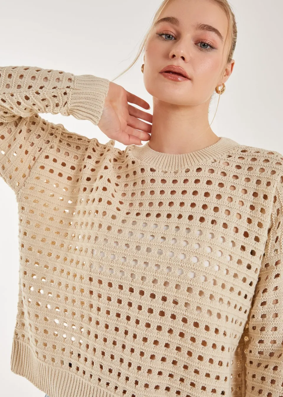 Tops>Pink Vanilla Crochet Knitted Sweatshirt Ivory