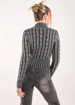 Tops>Pink Vanilla Dark Grey High Neck Zip Up Cable Knit