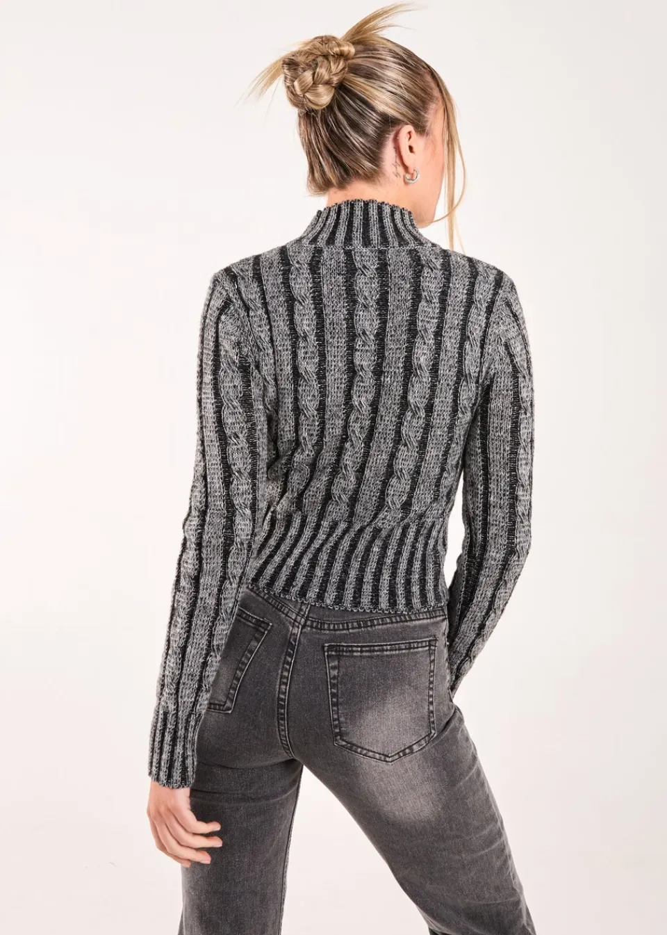 Tops>Pink Vanilla Dark Grey High Neck Zip Up Cable Knit