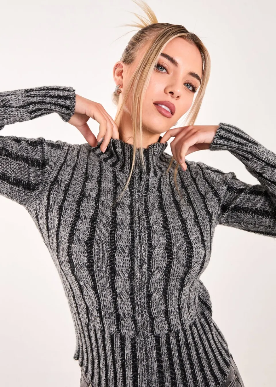 Tops>Pink Vanilla Dark Grey High Neck Zip Up Cable Knit