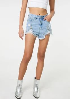 Shorts>Pink Vanilla Denim Embellished Distressed Shorts
