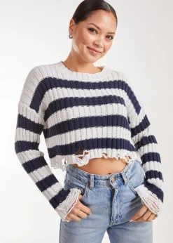 Knitwear>Pink Vanilla Distressed Striped Navy Crop Knit Jumper