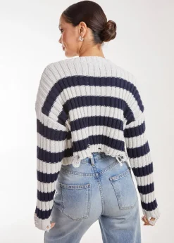 Knitwear>Pink Vanilla Distressed Striped Navy Crop Knit Jumper