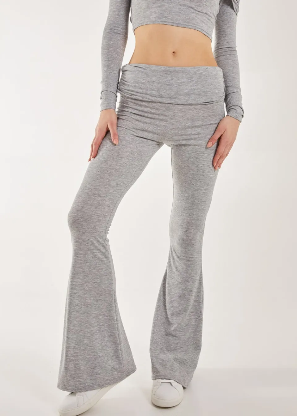 Trousers>Pink Vanilla Fold Over Waist Lounge Flares Grey