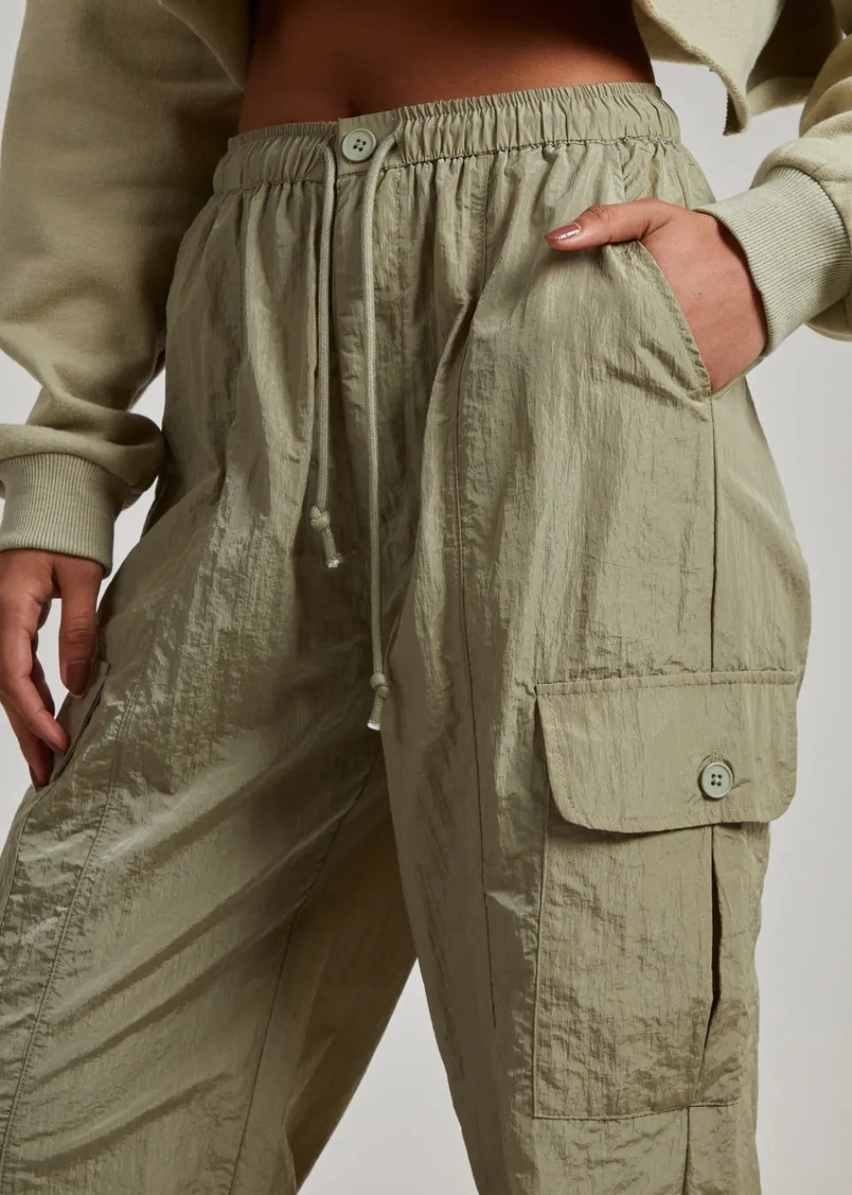 Trousers>Pink Vanilla Green Parachute Cargo Pants