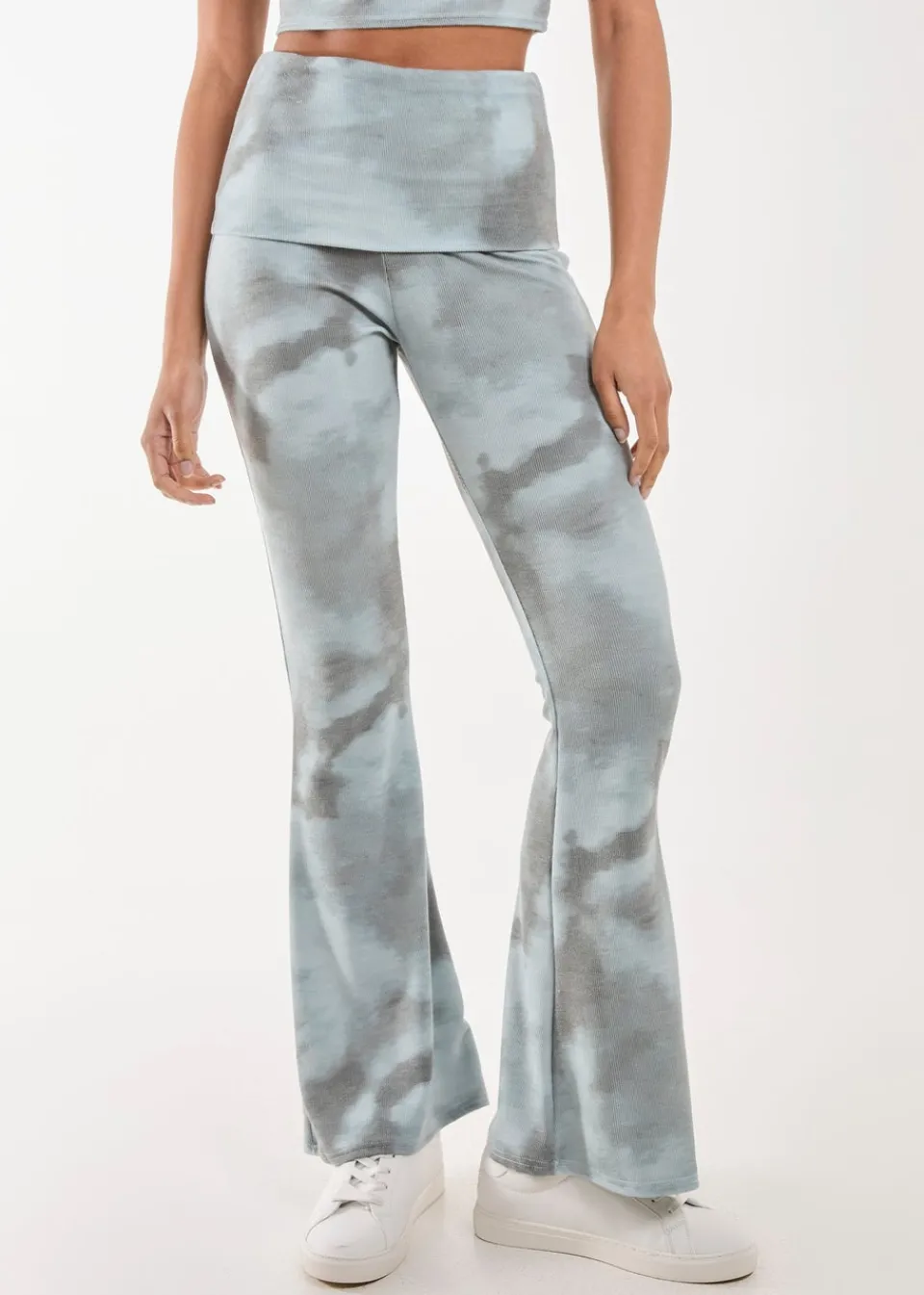 Trousers>Pink Vanilla Green Tie Dye Rib Fold Over Flares