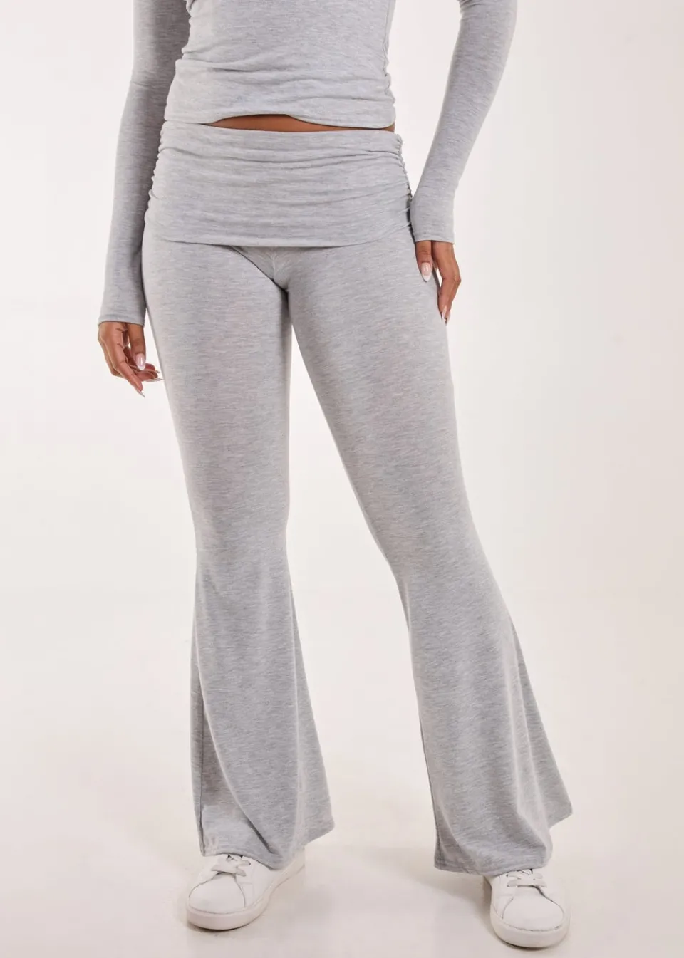 Trousers>Pink Vanilla Grey Fold Over Waist Lounge Flares