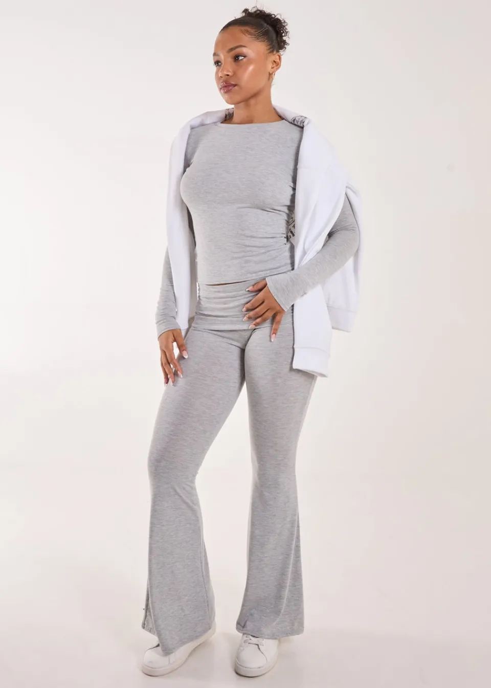 Trousers>Pink Vanilla Grey Fold Over Waist Lounge Flares