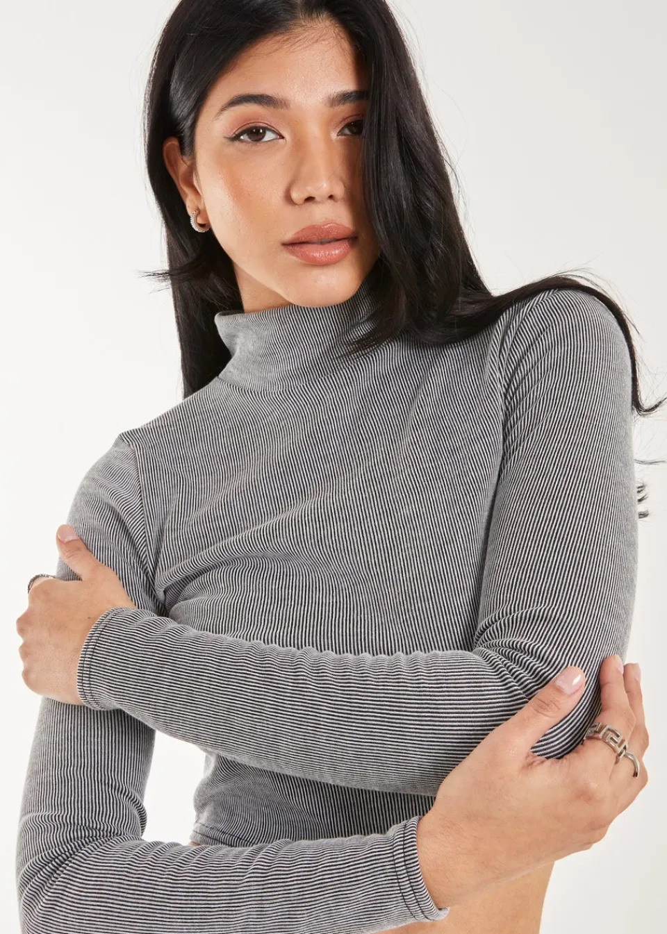 Tops>Pink Vanilla Grey High Neck Rib Top