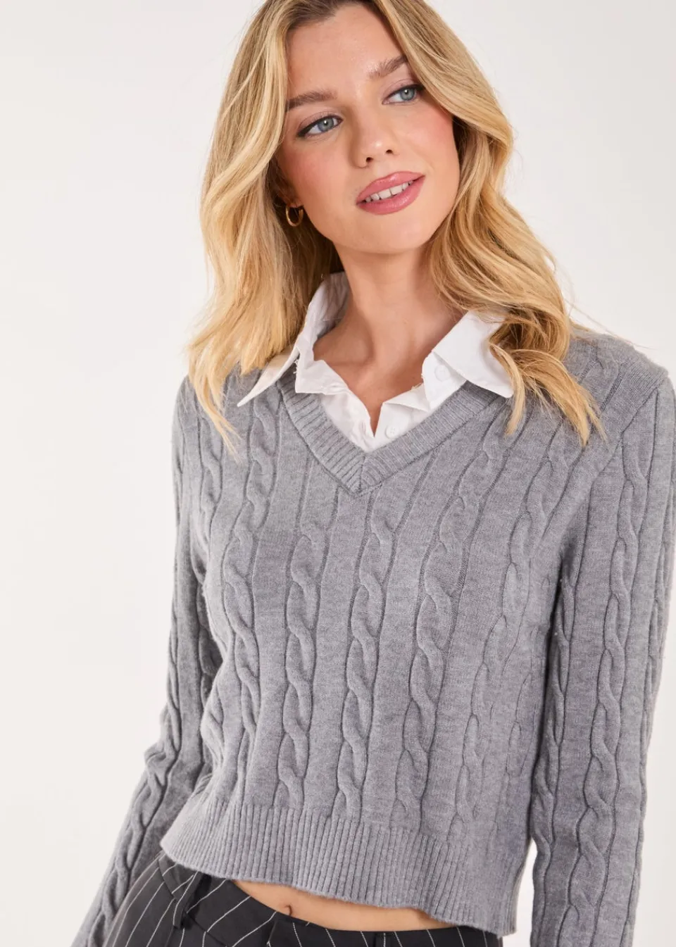 Tops>Pink Vanilla Grey Knitted Jumper with Shirt Detail