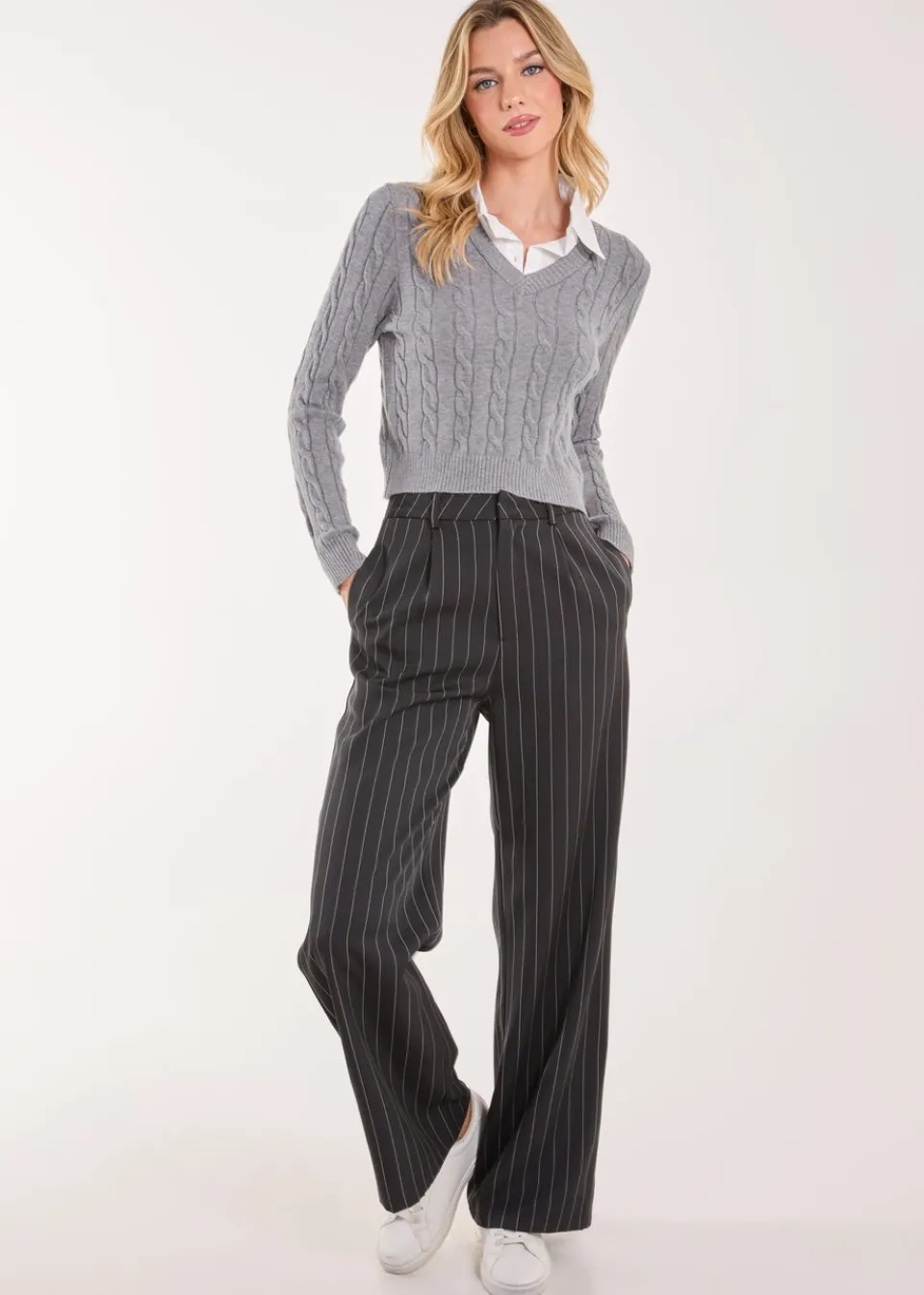 Tops>Pink Vanilla Grey Knitted Jumper with Shirt Detail