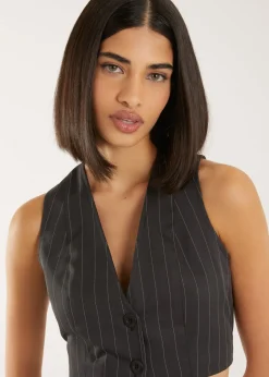 Tops>Pink Vanilla Grey Pinstripe Cropped Waistcoat