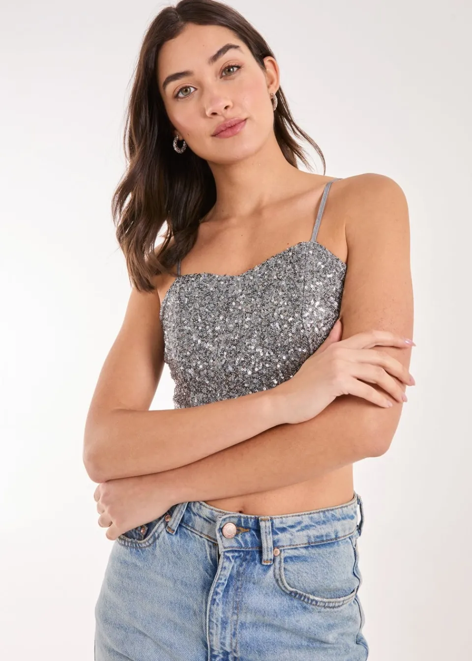 Tops>Pink Vanilla Grey Sequin Corset Top