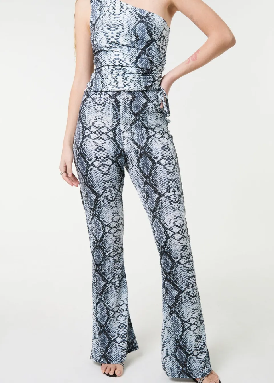 Trousers>Pink Vanilla Grey Snake Print Flare Trousers