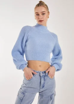 Tops>Pink Vanilla High Neck Knitted Jumper Blue