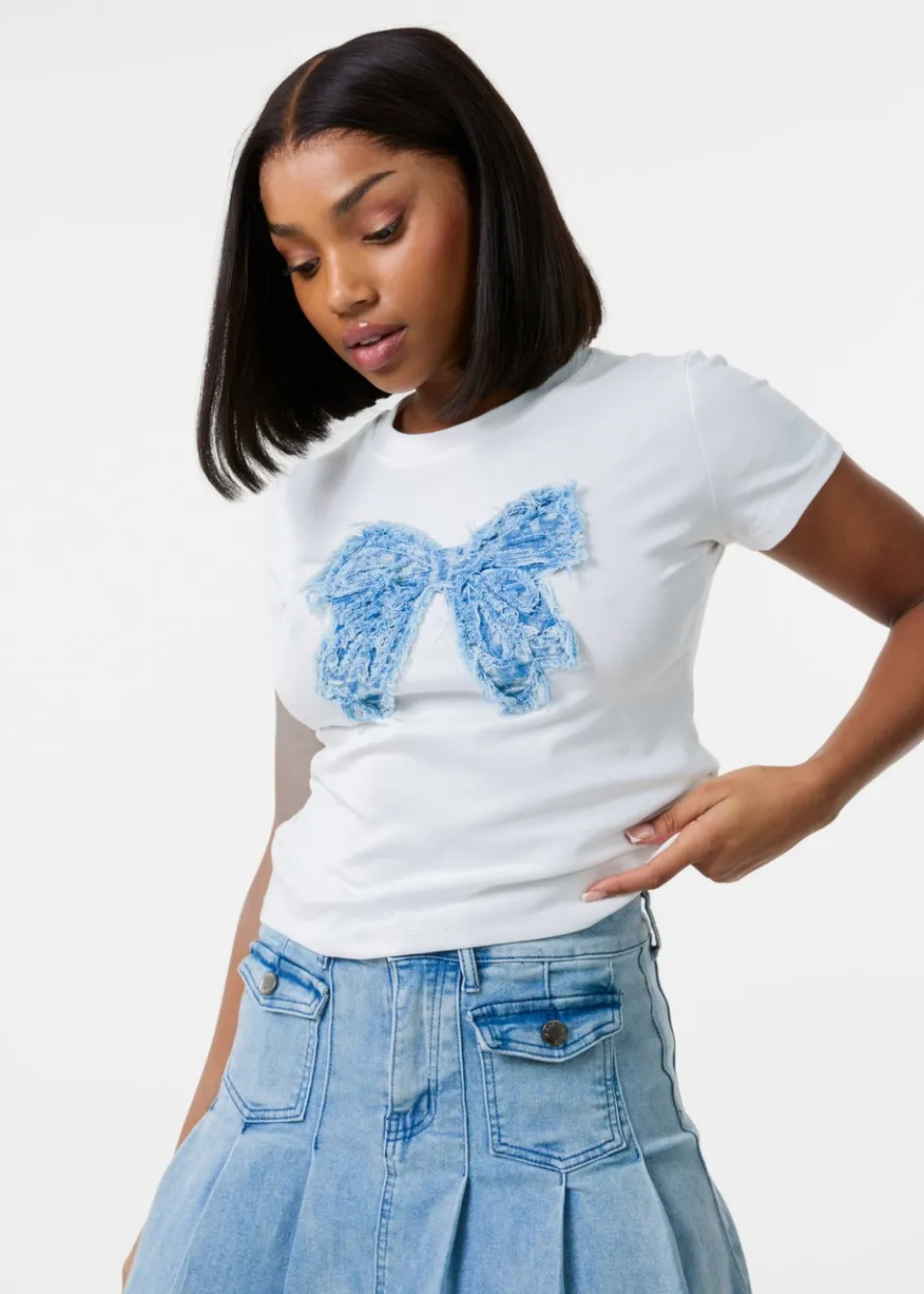 T-Shirts>Pink Vanilla Ivory Bow Patchwork T-Shirt