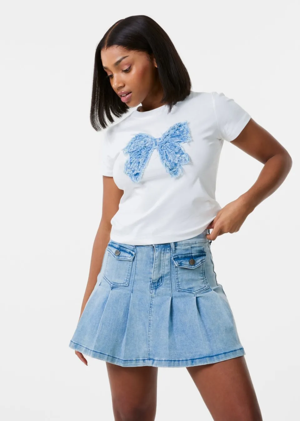 T-Shirts>Pink Vanilla Ivory Bow Patchwork T-Shirt