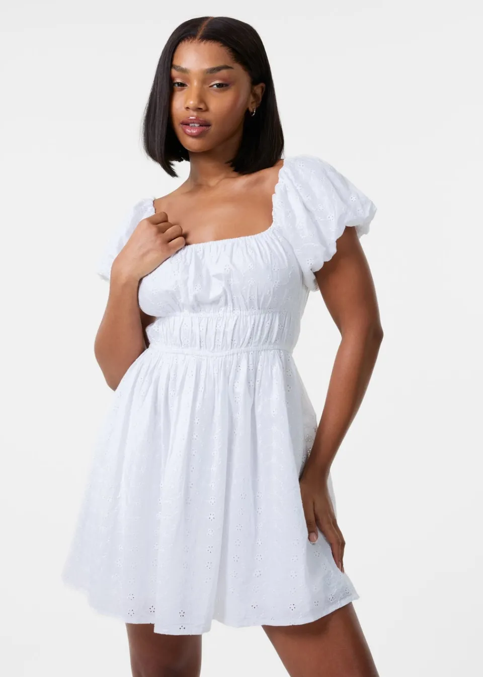 Shorts>Pink Vanilla Ivory Broderie Puff Sleeve Mini Dress With Shorts