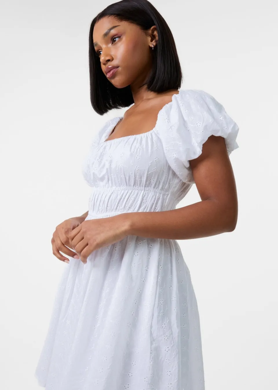 Shorts>Pink Vanilla Ivory Broderie Puff Sleeve Mini Dress With Shorts