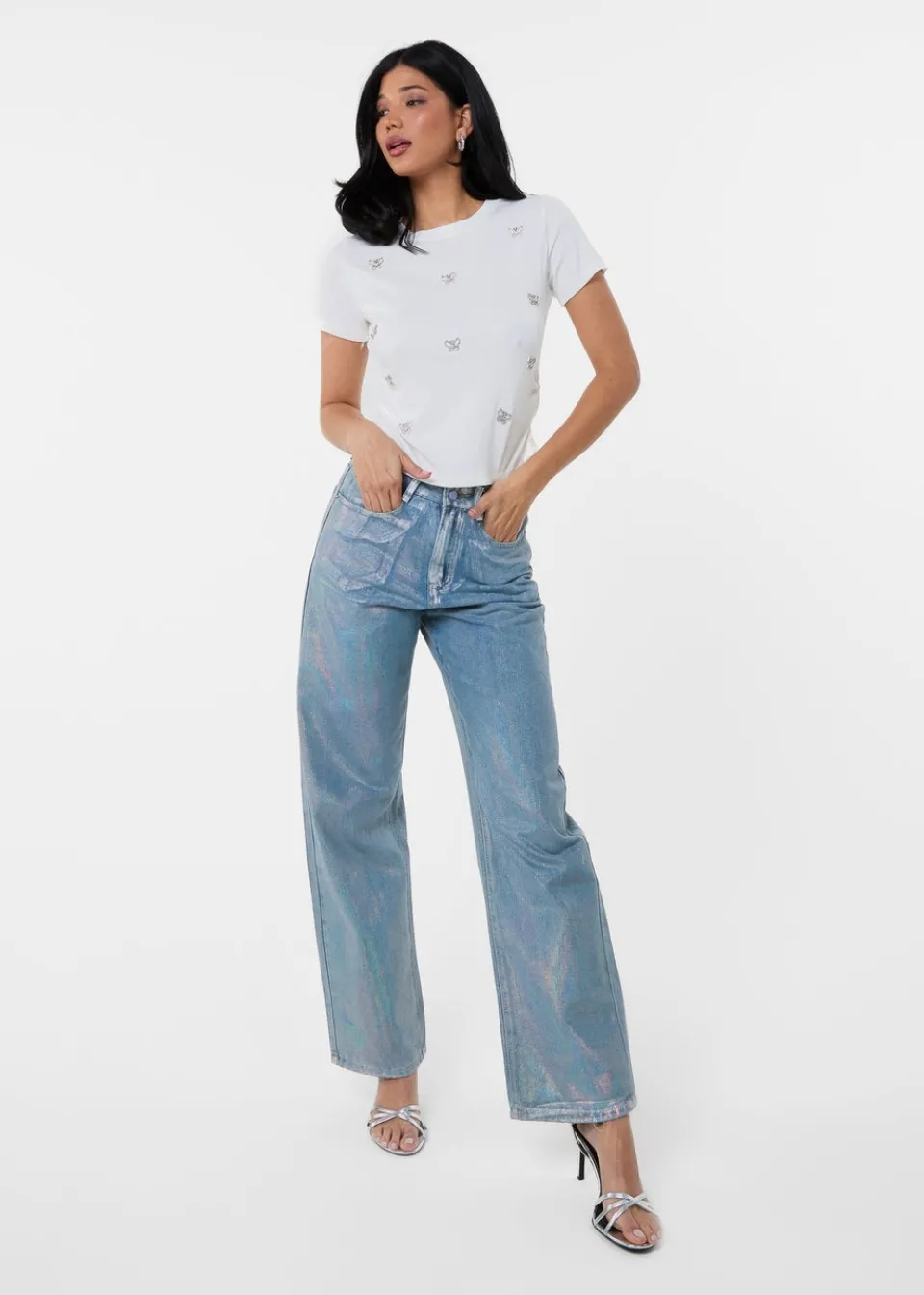 T-Shirts>Pink Vanilla Ivory Butterfly Embellished T-Shirt