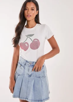T-Shirts>Pink Vanilla Ivory Cherry Embellished T-Shirt