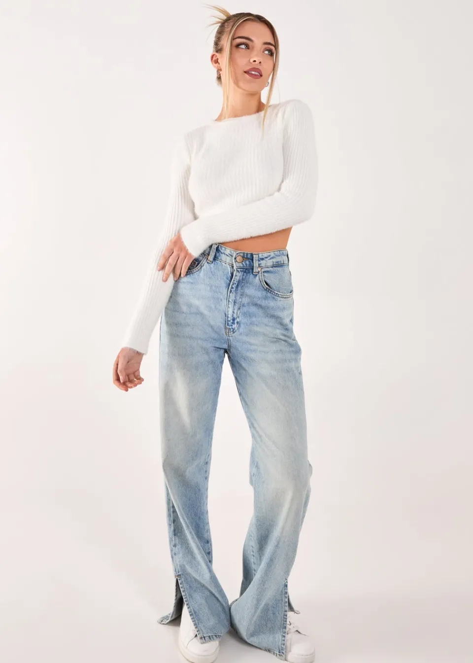 Tops>Pink Vanilla Ivory Cropped Knit Rib Top