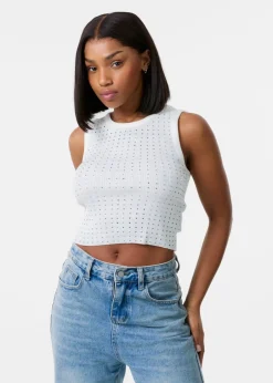 Tops>Pink Vanilla Ivory Diamante Ribbed Vest