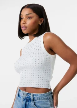 Tops>Pink Vanilla Ivory Diamante Ribbed Vest