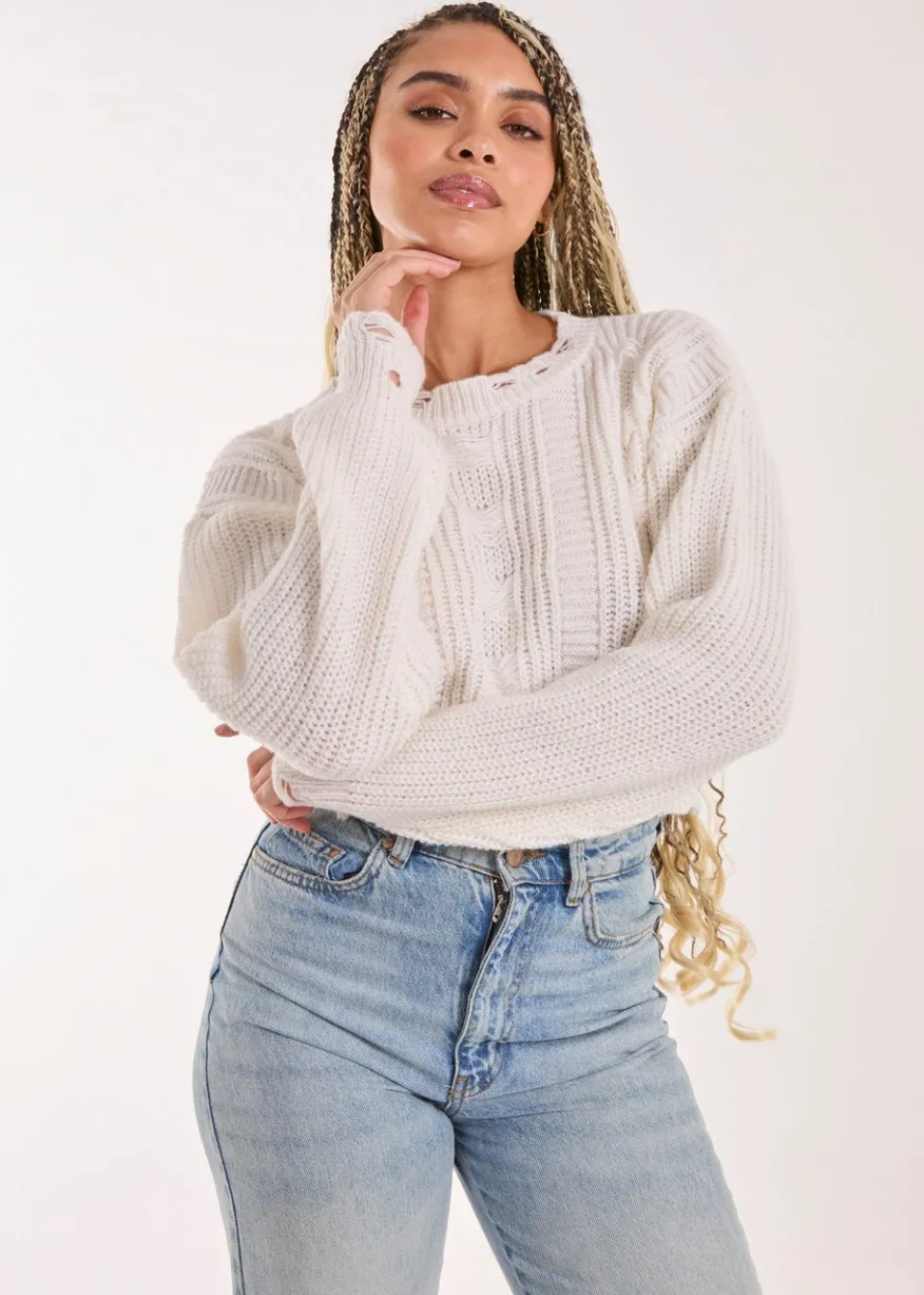 Tops>Pink Vanilla Ivory Distressed Cropped Knit Jumper