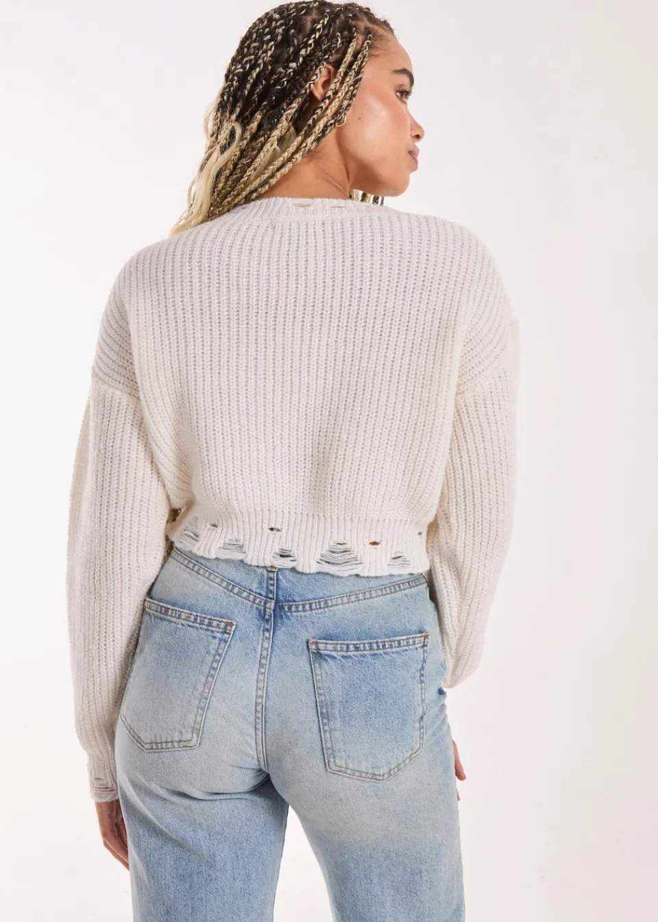 Tops>Pink Vanilla Ivory Distressed Cropped Knit Jumper