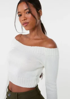 Tops>Pink Vanilla Ivory Off Shoulder Crop Knit Top