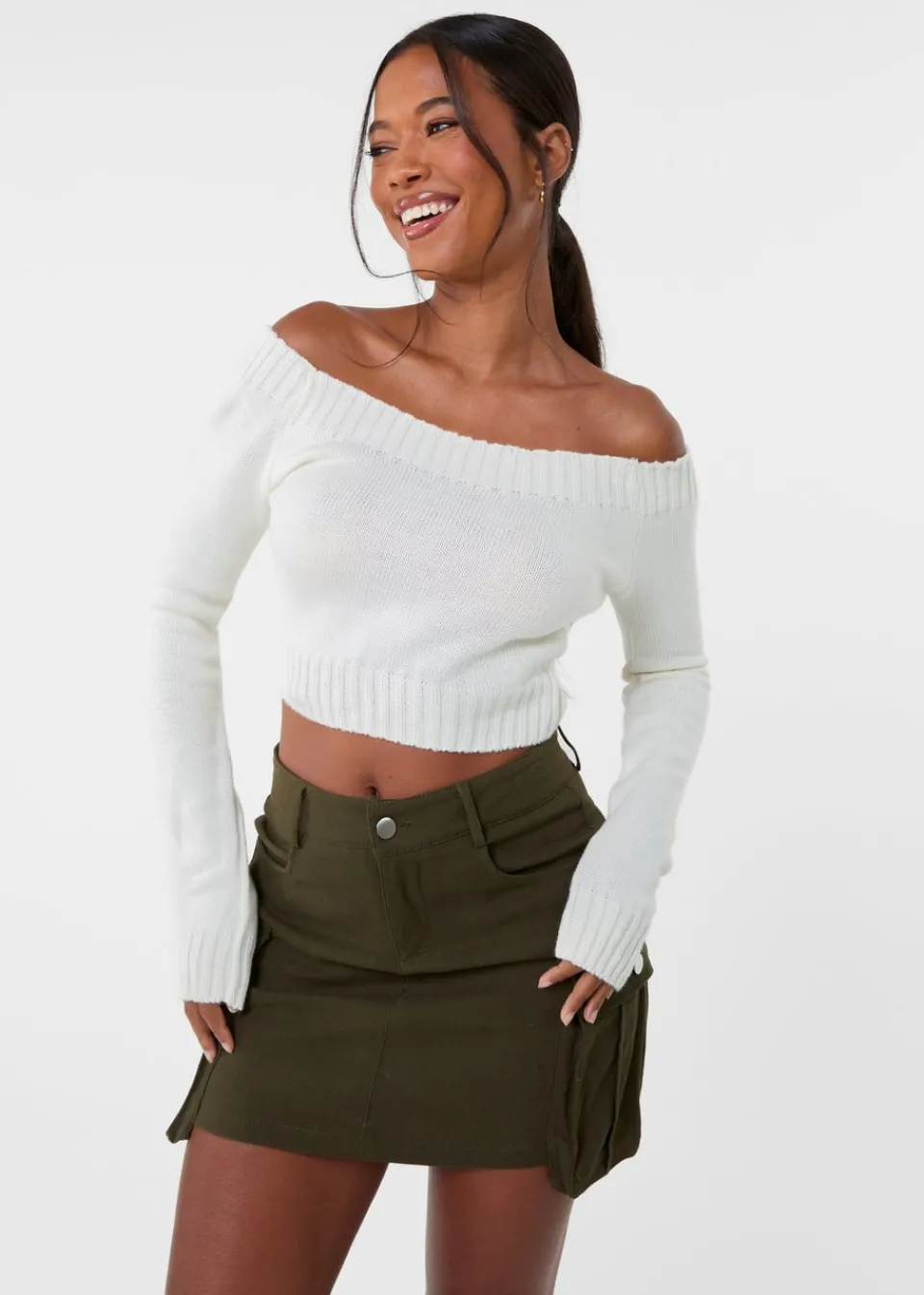 Tops>Pink Vanilla Ivory Off Shoulder Crop Knit Top