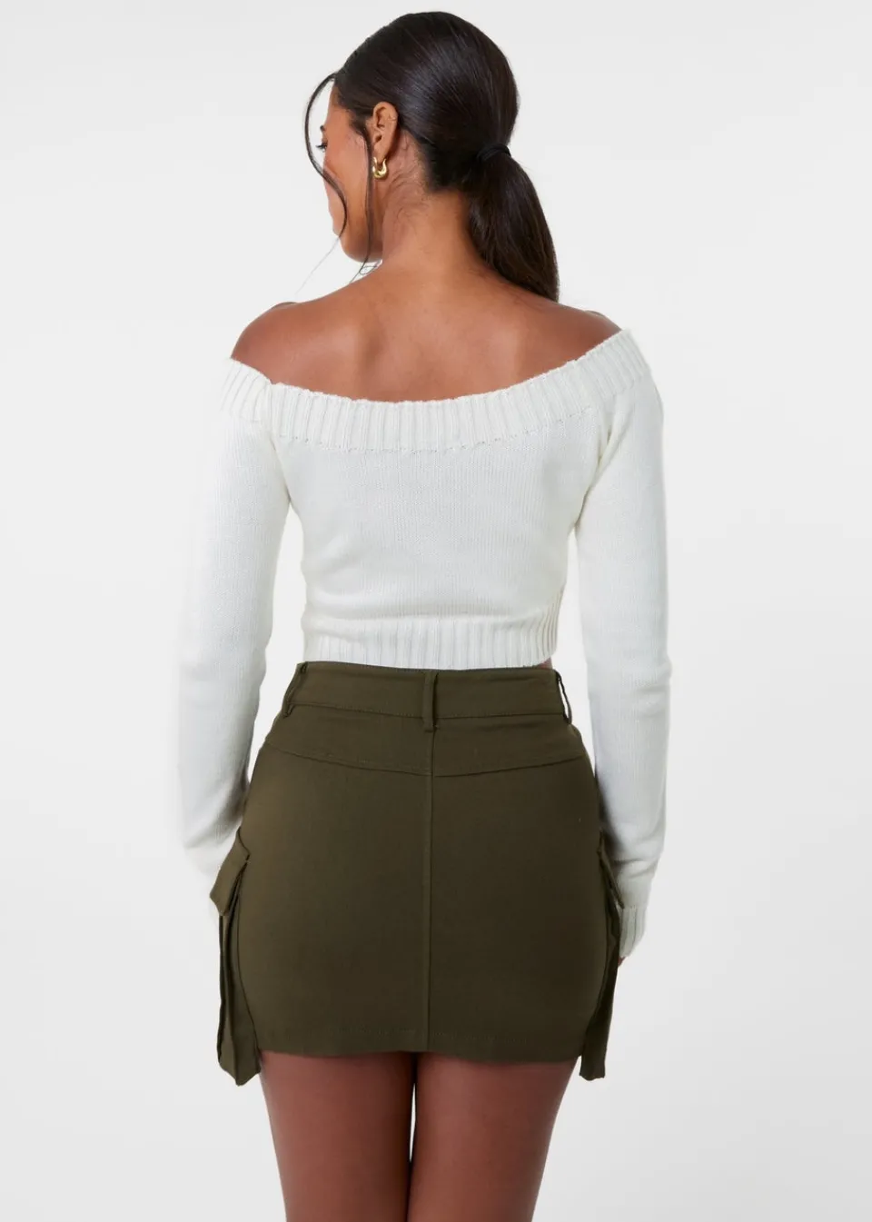 Tops>Pink Vanilla Ivory Off Shoulder Crop Knit Top