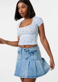 Tops>Pink Vanilla Ivory Pointelle Ditsy Print Crop Top