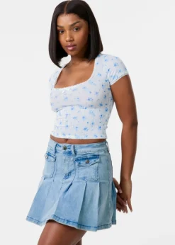 Tops>Pink Vanilla Ivory Pointelle Ditsy Print Crop Top